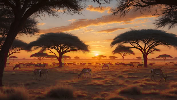 Antelope Grazing on Plains at Sunset with Silhouetted Trees photo