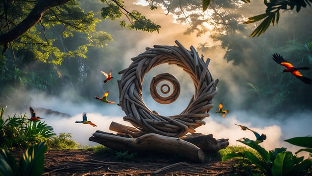 Circle Wood Sculpture in Forest with Flying Birds and Mist photo