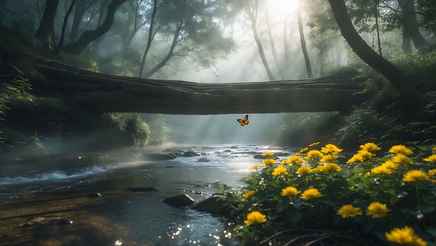 Flowing Stream with Butterfly and Yellow Flowers in Misty Woods photo