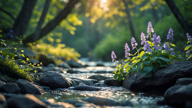 Flowing Stream with Lilac Flowers and Sunlight Through Trees in Forest photo