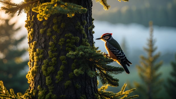 Woodpecker Perching on Mossy Tree Branch in Sunlight Forest photo