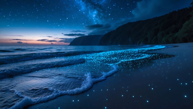 Glowing Waves on Beach at Night Under Starry Sky photo