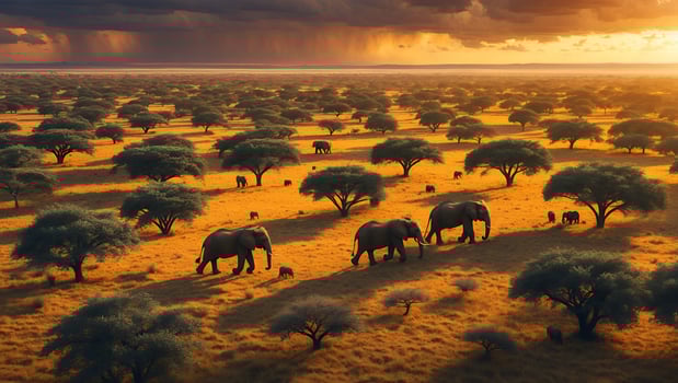 Elephant Herd Walking Across African Savannah Plain During Golden Hour photo