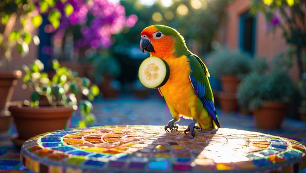 Colorful Parrot Holding Cucumber Slice on Mosaic Table Outdoors photo