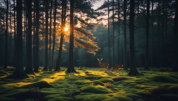 Deer Grazing in Sunlit Forest Clearing with Moss Covered Ground photo