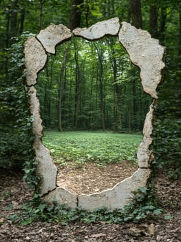 Surreal stone portal to a lush green forest photo