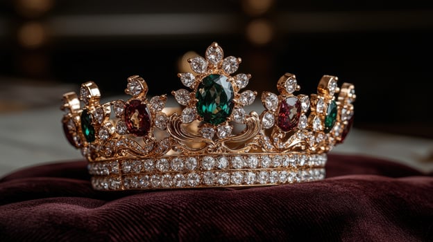 Ornate gold crown with emeralds and diamonds on velvet photo