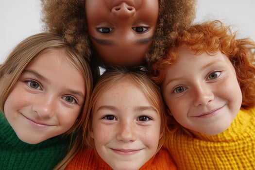 Diverse group of smiling children huddled together, looking up photo