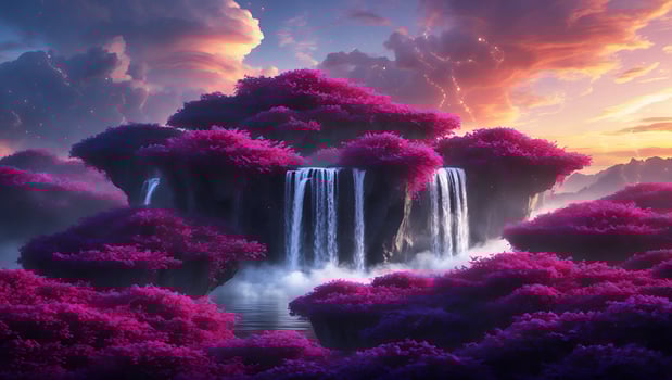 Waterfall Cascading Among Pink Foliage with Sunset Sky Landscape photo