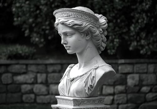 Marble bust of a woman in a garden setting photo
