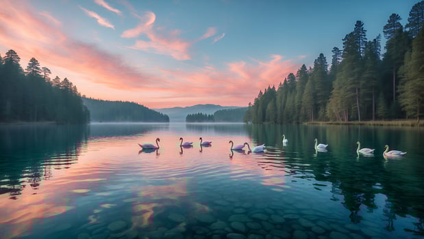 Swans Swimming on Calm Lake Reflecting Colorful Sunset Sky photo