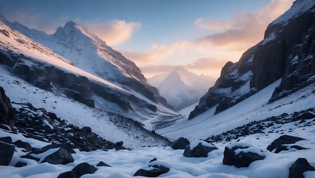 Snowy Mountain Valley at Sunset with Soft Light and Rocks photo