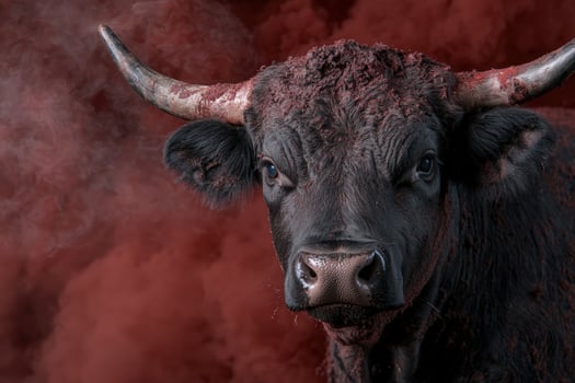 Powerful black bull with imposing horns in red smoke photo