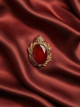 Elegant gold brooch with red gemstone on silk fabric photo