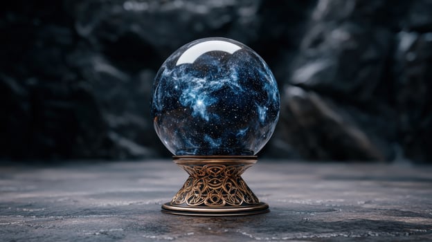 Mystical crystal ball with galaxy inside on ornate stand photo