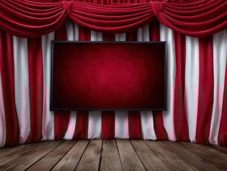 Dramatic red stage curtain with screen and wood floor photo