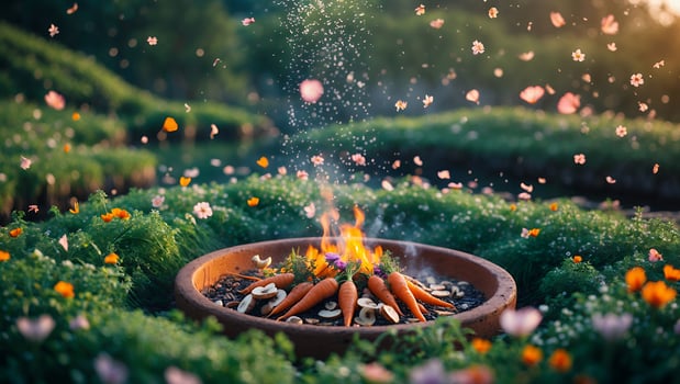 Carrots and Mushrooms on Fire in a Garden with Flowers photo