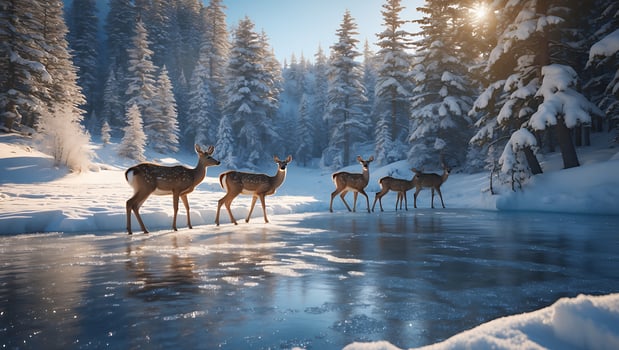 Deer Crossing Frozen Lake in Winter Forest with Sunlight photo