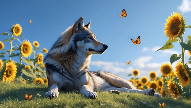 Wolf Reclining in Sunflower Field with Monarch Butterflies Under Blue Sky photo
