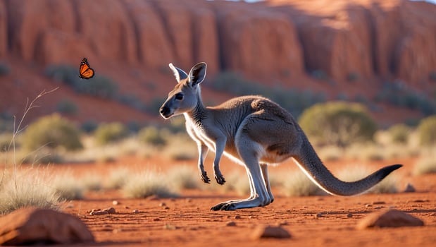 Kangaroo Jumping in Arid Landscape with Butterfly Flying Near photo
