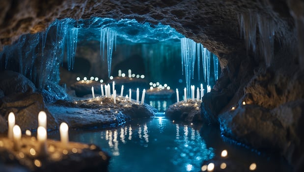 Cave with Candles Illuminating Water and Icicles Creating Magical Ambiance photo