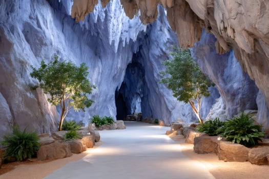 Illuminated path winding through an artificial blue cave photo