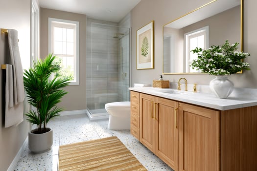 Modern bathroom interior with terrazzo tiles, wooden vanity and gold accents featuring a walk-in shower photo