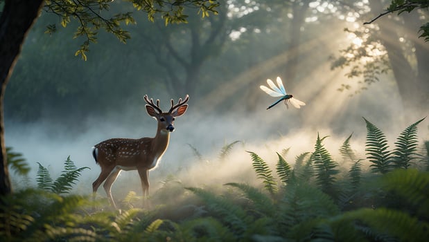 Deer Standing in Forest with Dragonfly and Misty Sunbeams photo