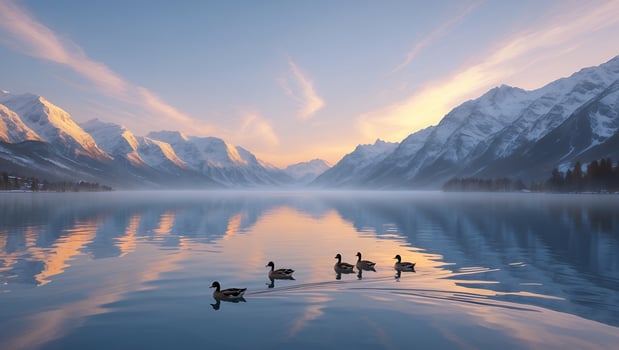 Ducks Swimming on Mountain Lake at Sunrise with Calm Reflection photo
