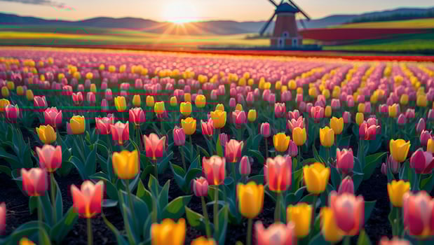 Colorful Tulip Field at Sunrise with Windmill in the Background photo