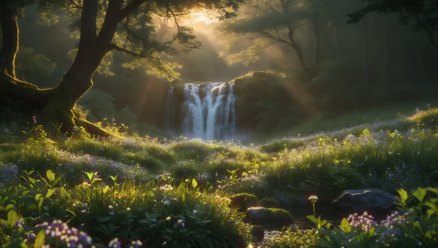 Waterfall Flows Through Forest Glade Bathed in Sunlight and Wildflowers photo