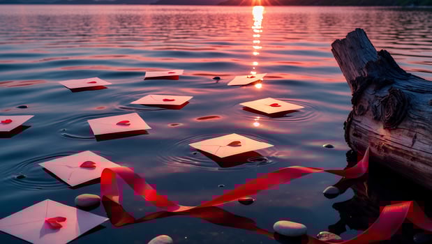 Letters with Heart Floating on Water at Sunset with Ribbon photo