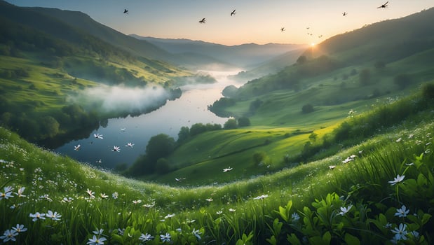 Green Valley View with Lake, Flowers, Birds, and Sunlit Mountain photo