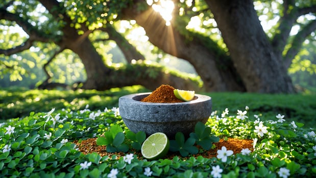 Grinding Spices in Stone Mortar with Lime Outdoors in Garden photo