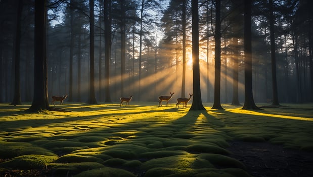 Deer Grazing in Forest with Sunlight Streaming Through Tall Trees photo