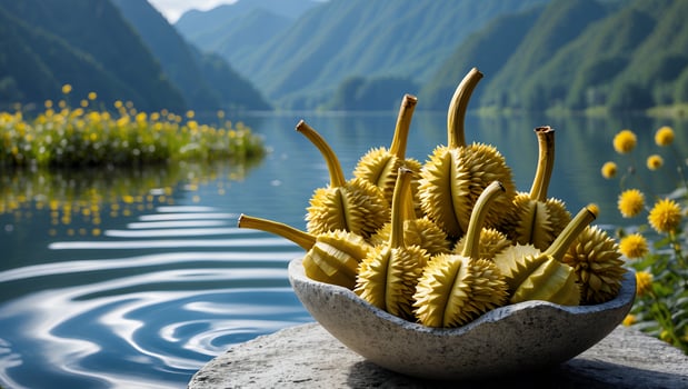 Bowl of Yellow Fruit by Lake with Mountain Views Background photo