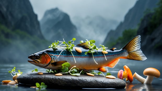 Prepared Fresh Fish Displayed with Garnish Near Misty Mountain Lake photo