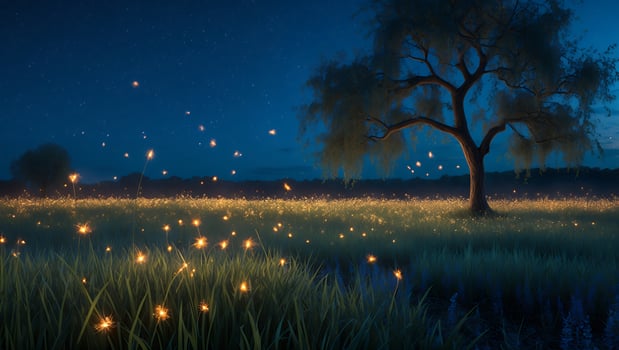 Night Meadow with Tree and Fireflies Glowing Under Dark Blue Sky photo