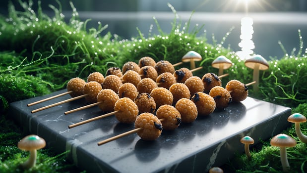 Golden Fried Balls on Sticks Displayed on Marble Slab with Moss photo