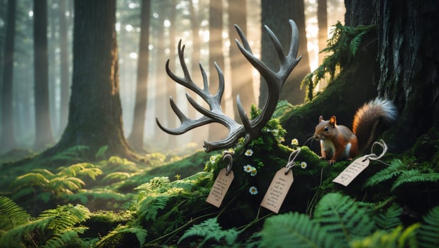 Squirrel with Deer Antlers and Tags in Enchanted Forest Setting photo