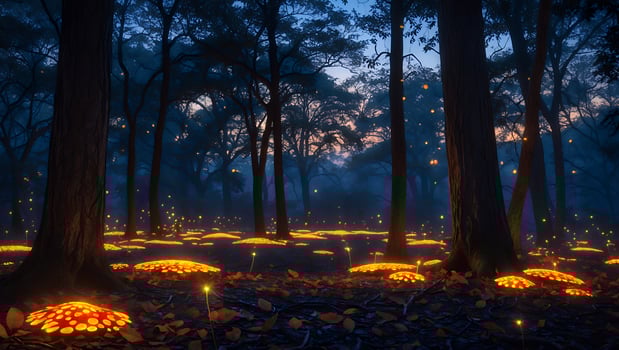Glowing Mushrooms in Dark Woods Creating Fantasy Forest Scene photo