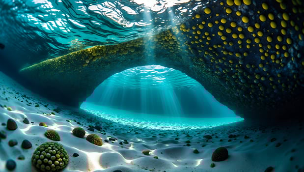Underwater Cave with Sun Rays Shining Through Tranquil Ocean Scene photo