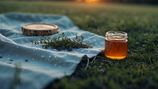 Arrangement with Honey Jar and Thyme on Blanket in Grassy Field photo