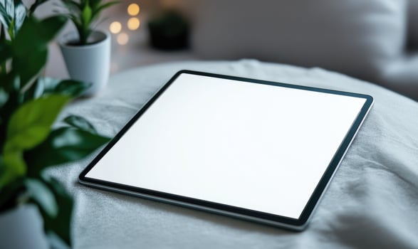 A tablet is sitting on a bed with a plant in the background photo