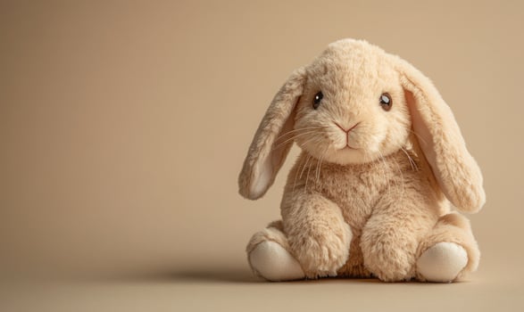A stuffed rabbit is sitting on a beige surface photo