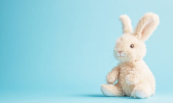 A white stuffed rabbit is sitting on a blue background photo