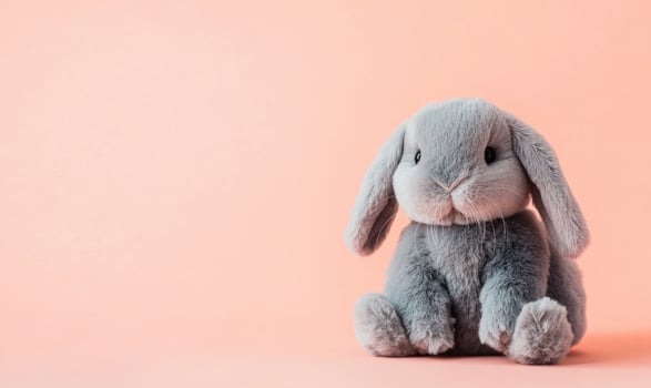 a gray stuffed rabbit sitting on a pink background photo