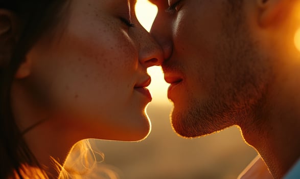 A man and a woman are kissing. Closeup portrait of a romantic couple. photo