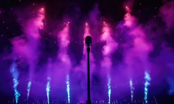 A microphone stands in the middle of a purple and blue sky with fireworks photo