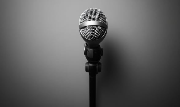 A microphone is on a stand in front of a gray wall photo
